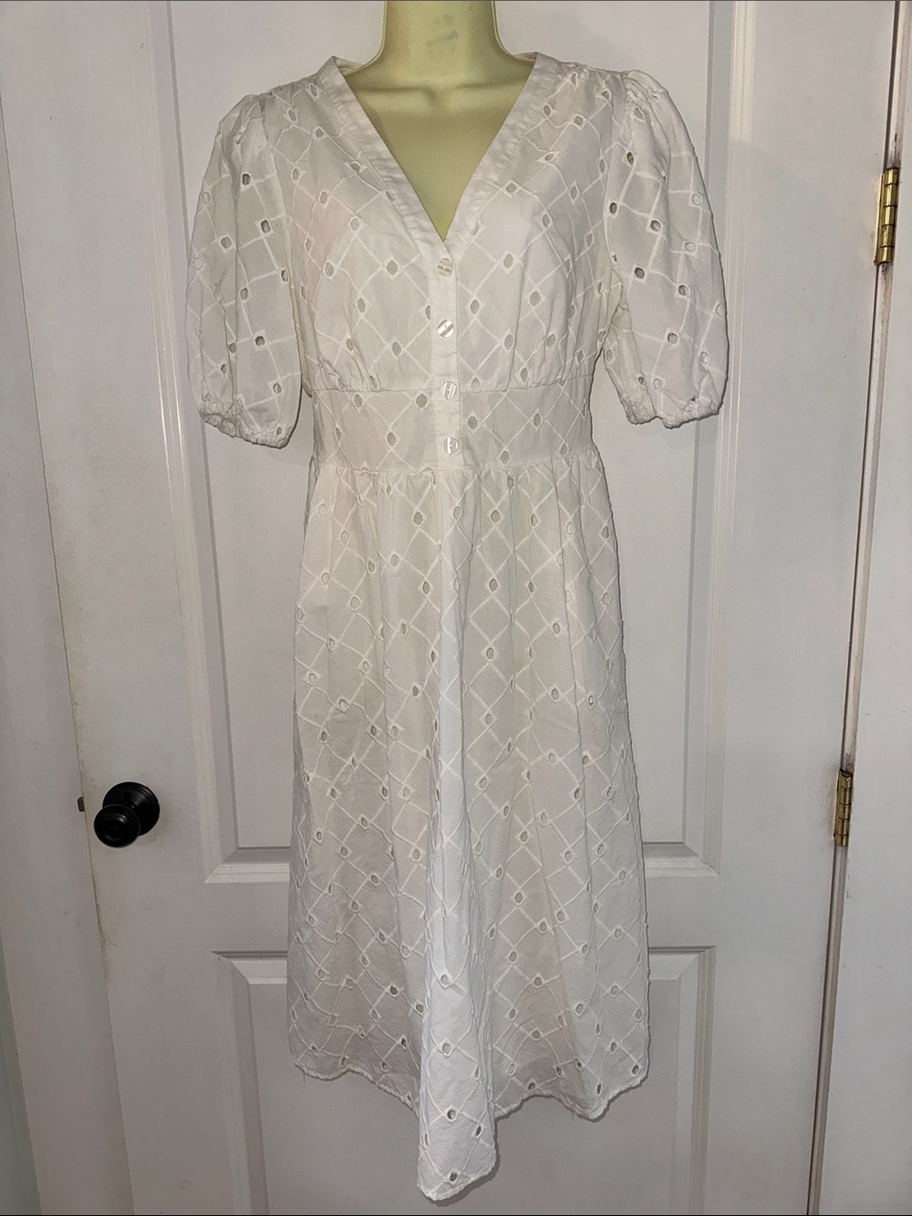 A new day White Eyelet Cotton Midi Dress with Puff Sleeves